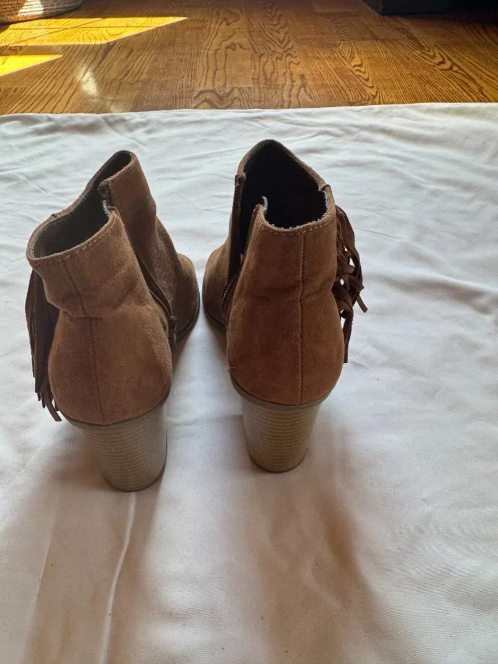 Brown Suede Fringe Peep Toe Ankle Booties Size 8.5